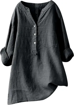 Womens Button Up Shirt V Neck Long Sleeve Linen Summer Casual Office Blouses Top Loose T-Shirt