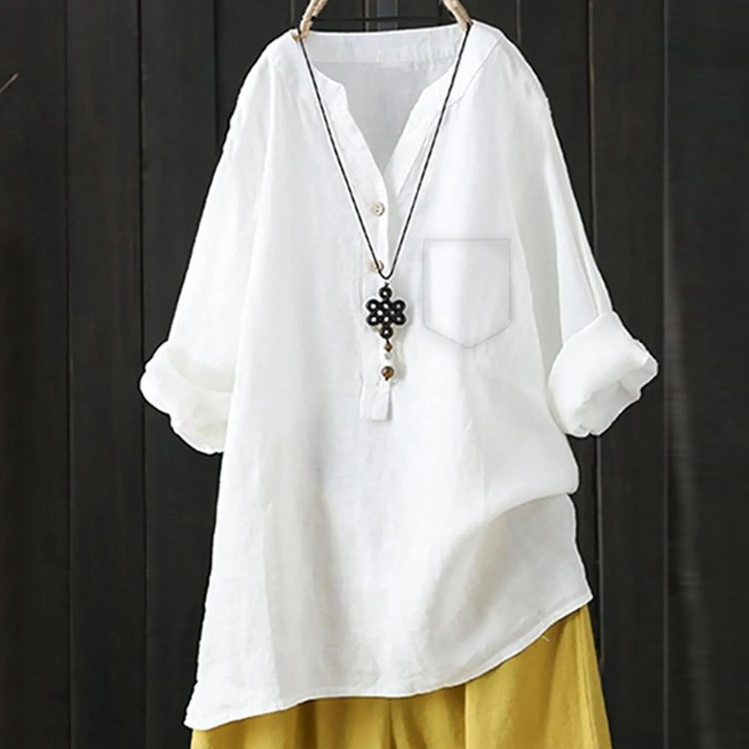 Womens Button Up Shirt V Neck Long Sleeve Linen Summer Casual Office Blouses Top Loose T-Shirt