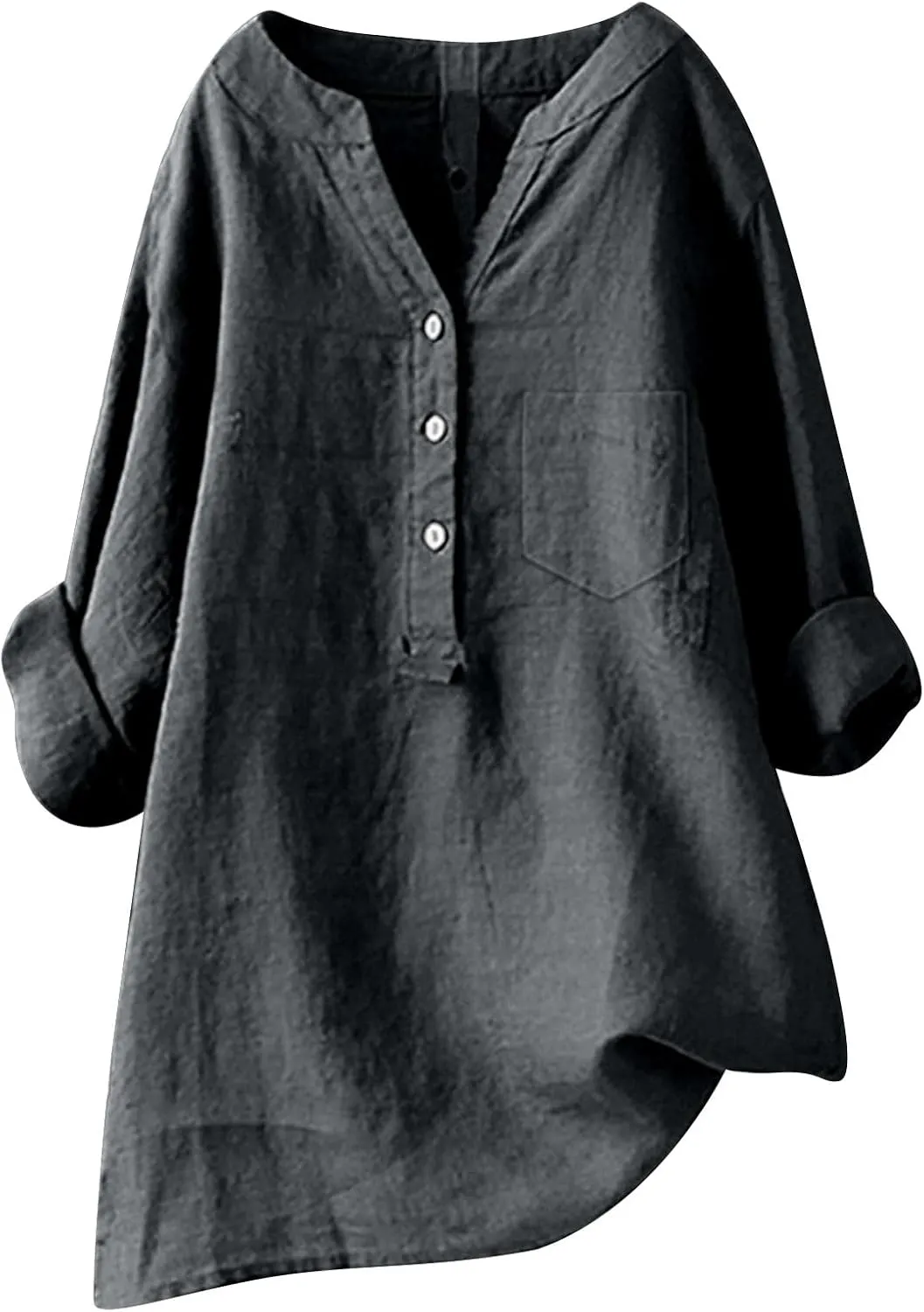 Womens Button Up Shirt V Neck Long Sleeve Linen Summer Casual Office Blouses Top Loose T-Shirt