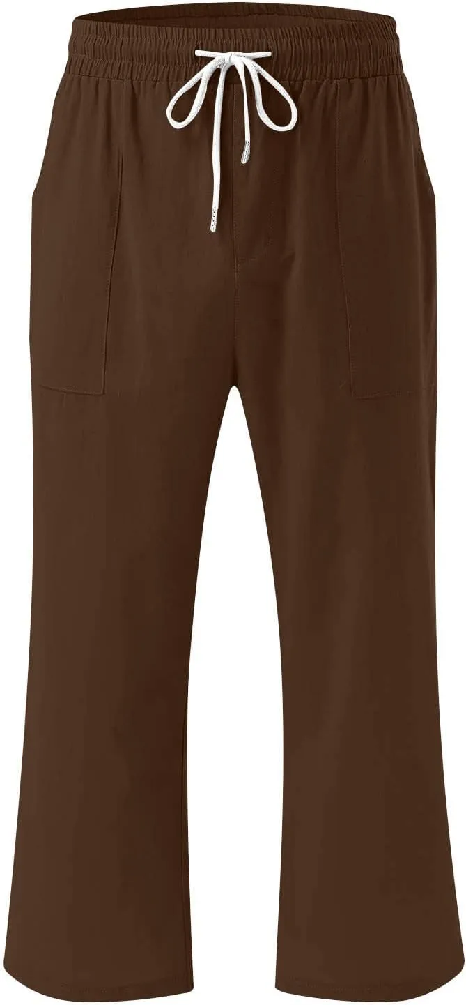 Womens Casual Capri Trousers Linen Drawstring Pocket Elastic Waisted Pants Loose Wide Leg Straight Leg Cycling Trousers