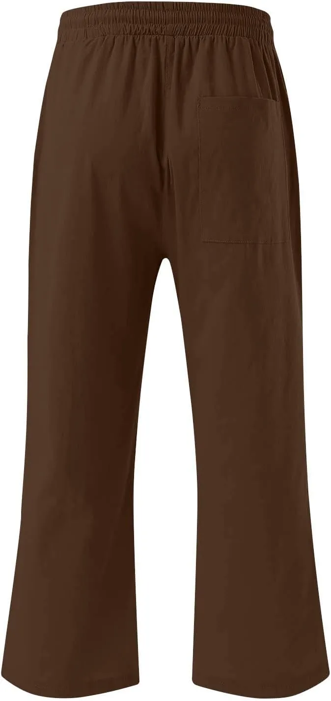 Womens Casual Capri Trousers Linen Drawstring Pocket Elastic Waisted Pants Loose Wide Leg Straight Leg Cycling Trousers