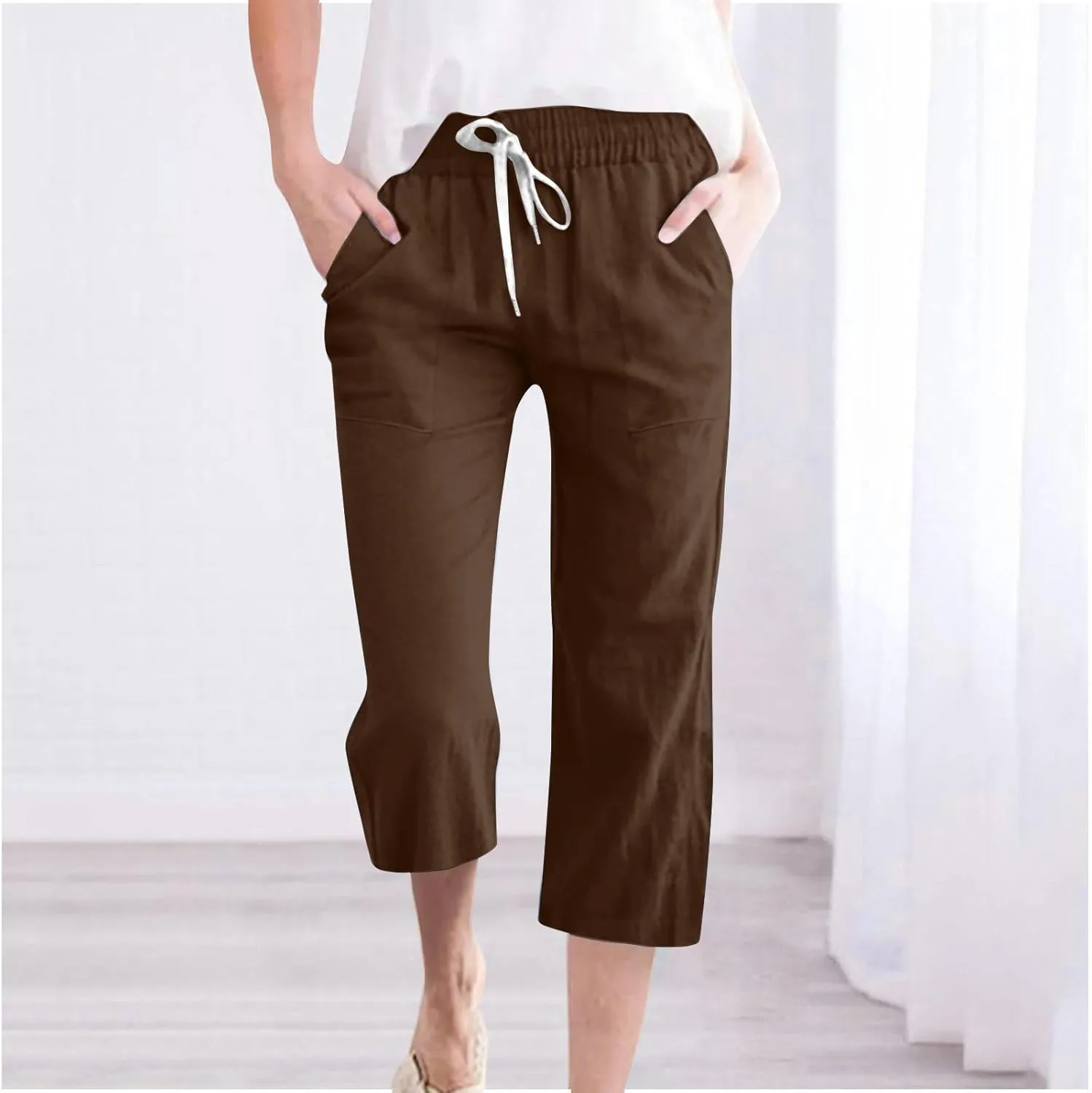 Womens Casual Capri Trousers Linen Drawstring Pocket Elastic Waisted Pants Loose Wide Leg Straight Leg Cycling Trousers