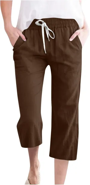 Womens Casual Capri Trousers Linen Drawstring Pocket Elastic Waisted Pants Loose Wide Leg Straight Leg Cycling Trousers