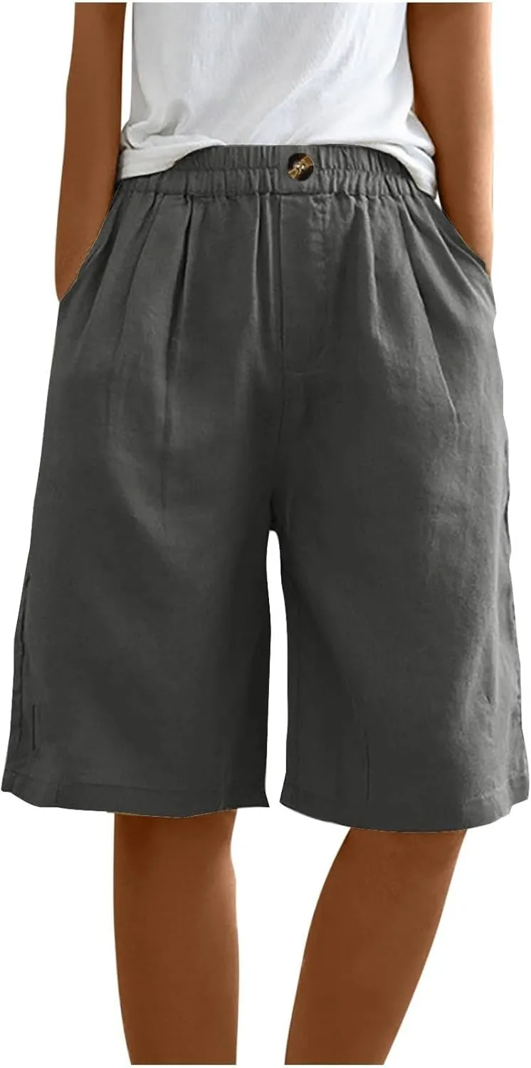 Women's Casual Cotton Linen Bermuda Shorts Elastic Waist Knee Length Shorts Summer Beach Shorts with Pockets