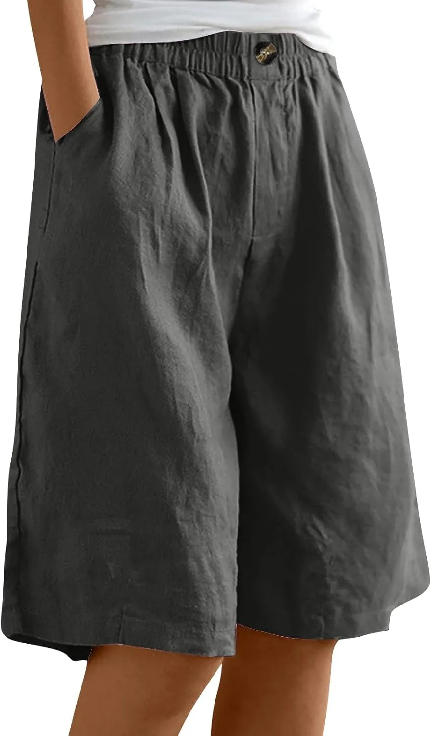 Women's Casual Cotton Linen Bermuda Shorts Elastic Waist Knee Length Shorts Summer Beach Shorts with Pockets