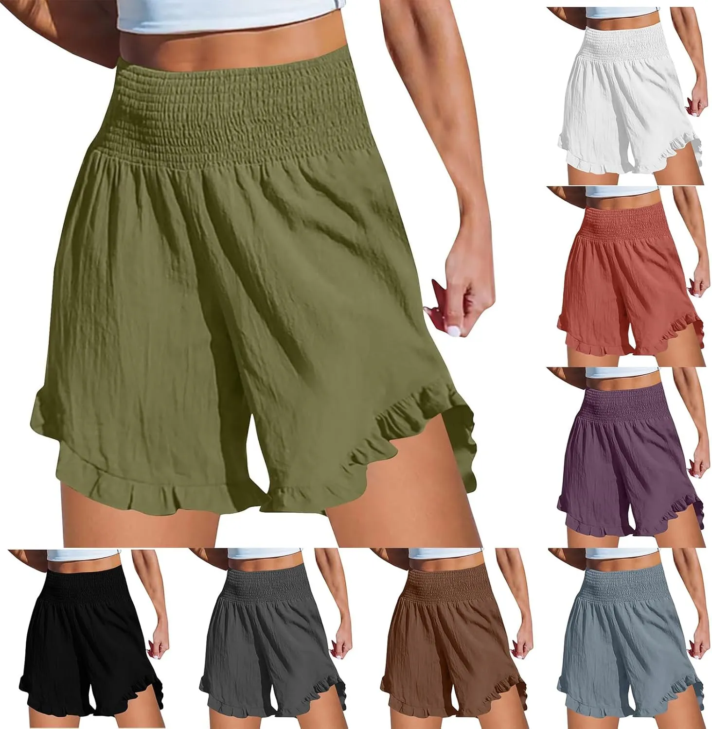 Womens Casual High Waisted Shorts Summer Wide Leg Shorts Smocked Ruffle Elastic Waist Short Beach Lounge Flowy Outfits