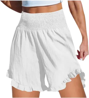 Womens Casual High Waisted Shorts Summer Wide Leg Shorts Smocked Ruffle Elastic Waist Short Beach Lounge Flowy Outfits