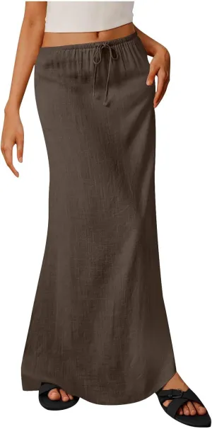 Women's Casual Long Skirts Drawstring Low Waist Maxi Skirt Summer Solid Color Loose Lightweight Beach Dress 2025