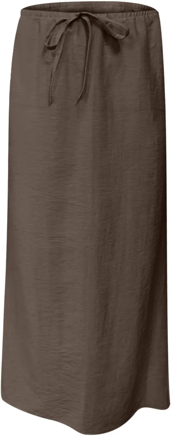 Women's Casual Long Skirts Drawstring Low Waist Maxi Skirt Summer Solid Color Loose Lightweight Beach Dress 2025