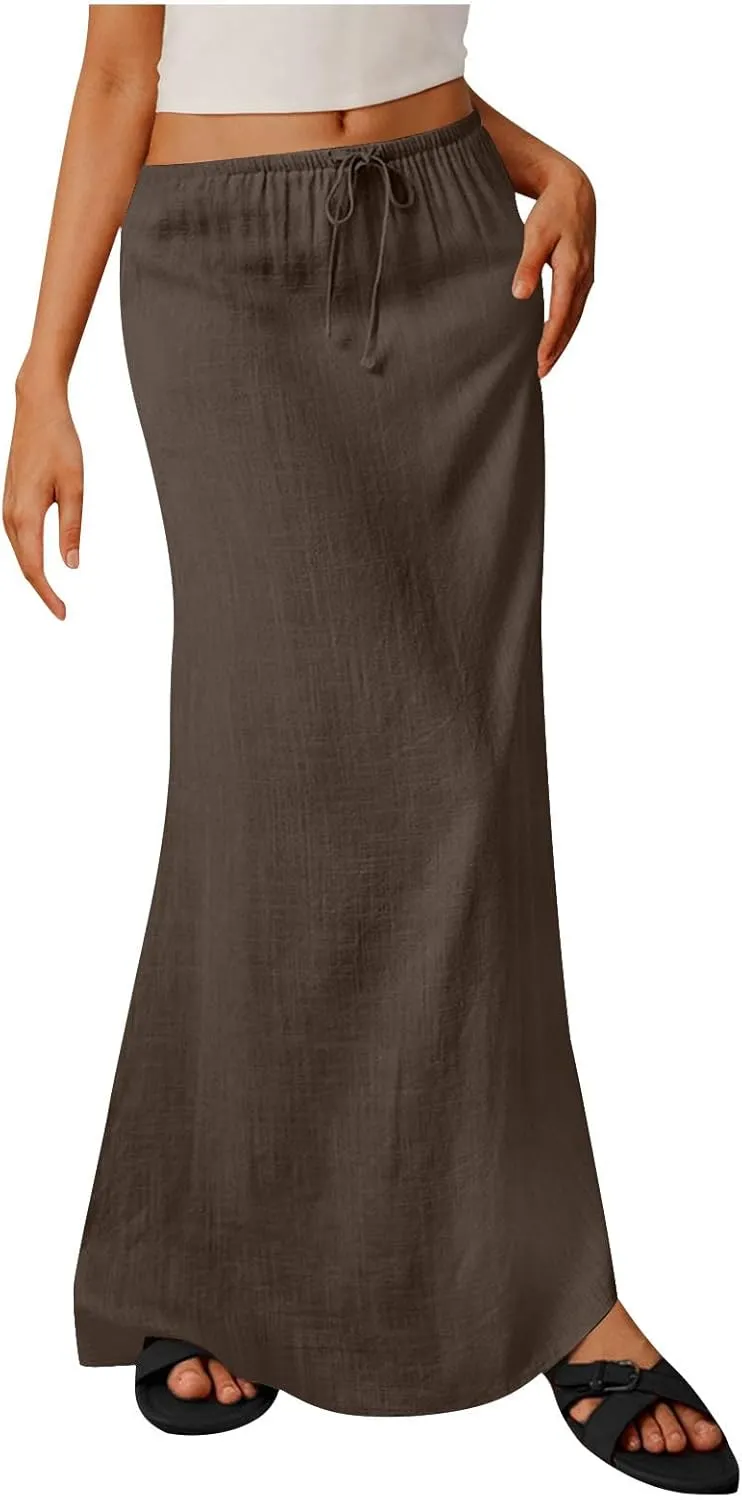 Women's Casual Long Skirts Drawstring Low Waist Maxi Skirt Summer Solid Color Loose Lightweight Beach Dress 2025
