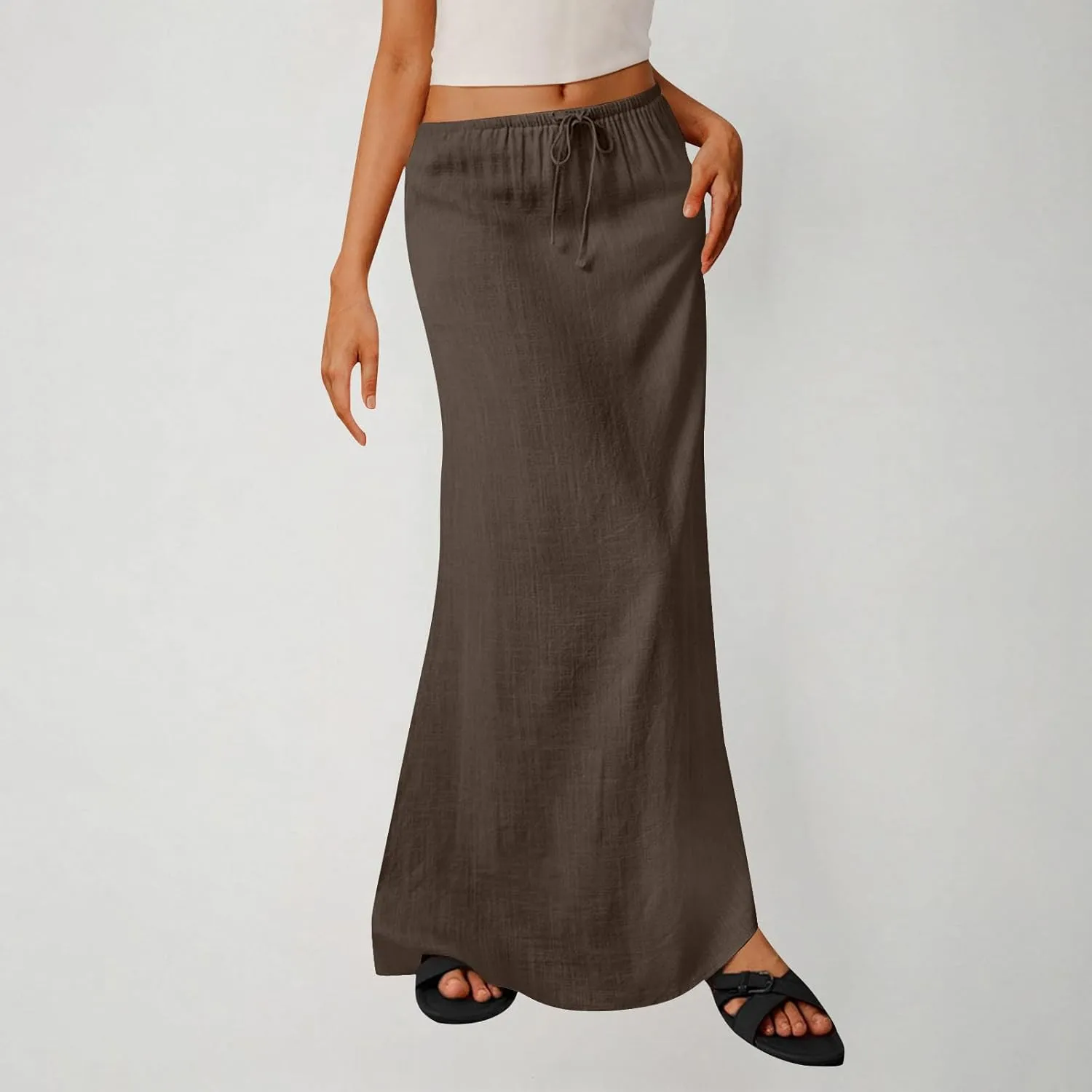 Women's Casual Long Skirts Drawstring Low Waist Maxi Skirt Summer Solid Color Loose Lightweight Beach Dress 2025
