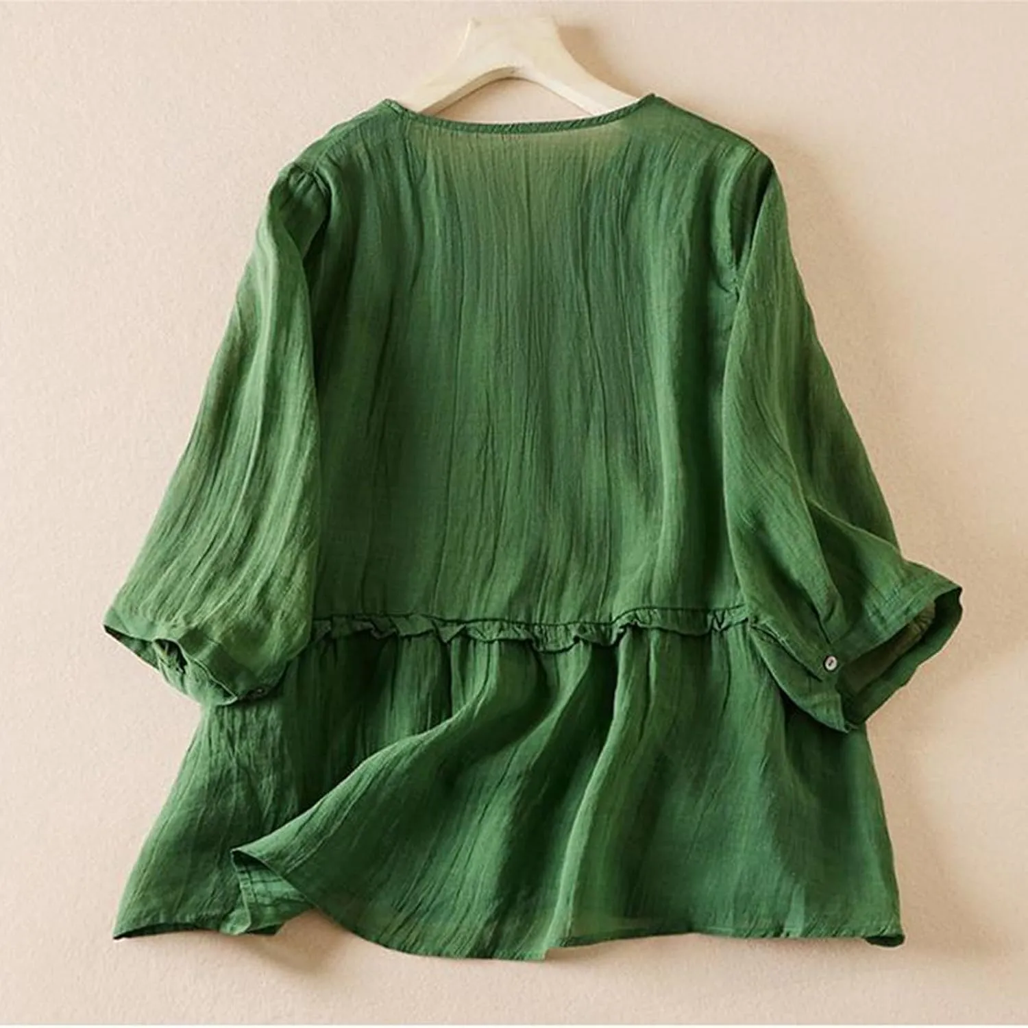 Womens Casual V Neck Babydoll Blouse Vintage Loose Cotton Linen 3/4 Sleeve Flowy Ruffle Shirts Summer Lightweight Tops