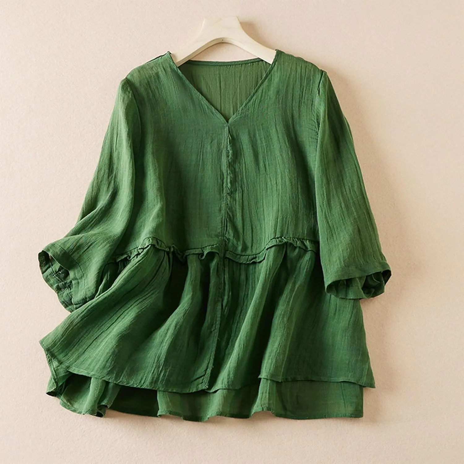 Womens Casual V Neck Babydoll Blouse Vintage Loose Cotton Linen 3/4 Sleeve Flowy Ruffle Shirts Summer Lightweight Tops