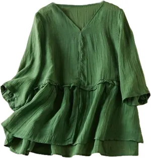 Womens Casual V Neck Babydoll Blouse Vintage Loose Cotton Linen 3/4 Sleeve Flowy Ruffle Shirts Summer Lightweight Tops