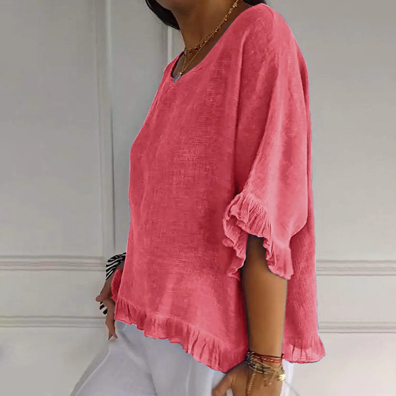 Women's Cotton Linen Blouse Ruffle Pleated Hem Tops Loose Casual Half Sleeve Round Neck Basic Tee Shirts
