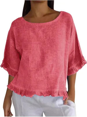 Women's Cotton Linen Blouse Ruffle Pleated Hem Tops Loose Casual Half Sleeve Round Neck Basic Tee Shirts