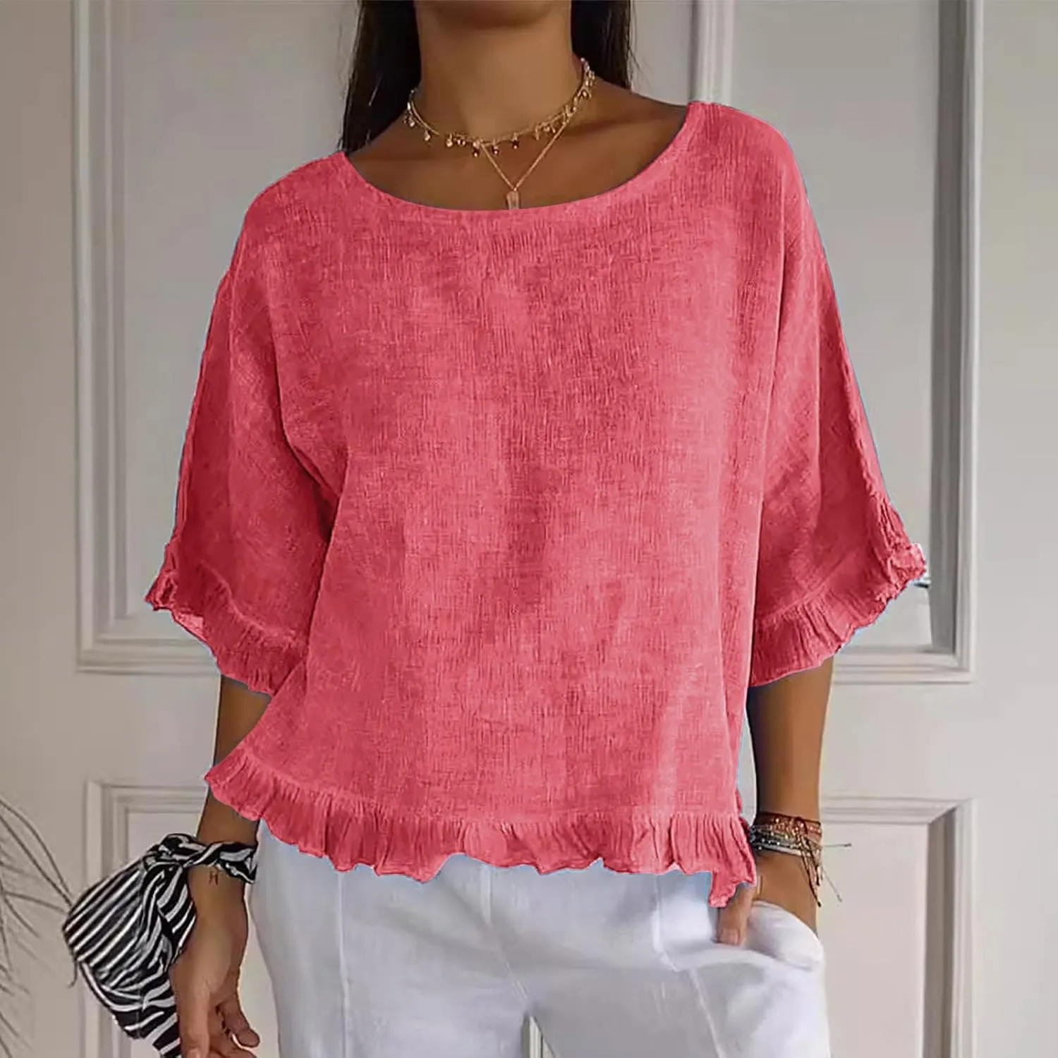 Women's Cotton Linen Blouse Ruffle Pleated Hem Tops Loose Casual Half Sleeve Round Neck Basic Tee Shirts