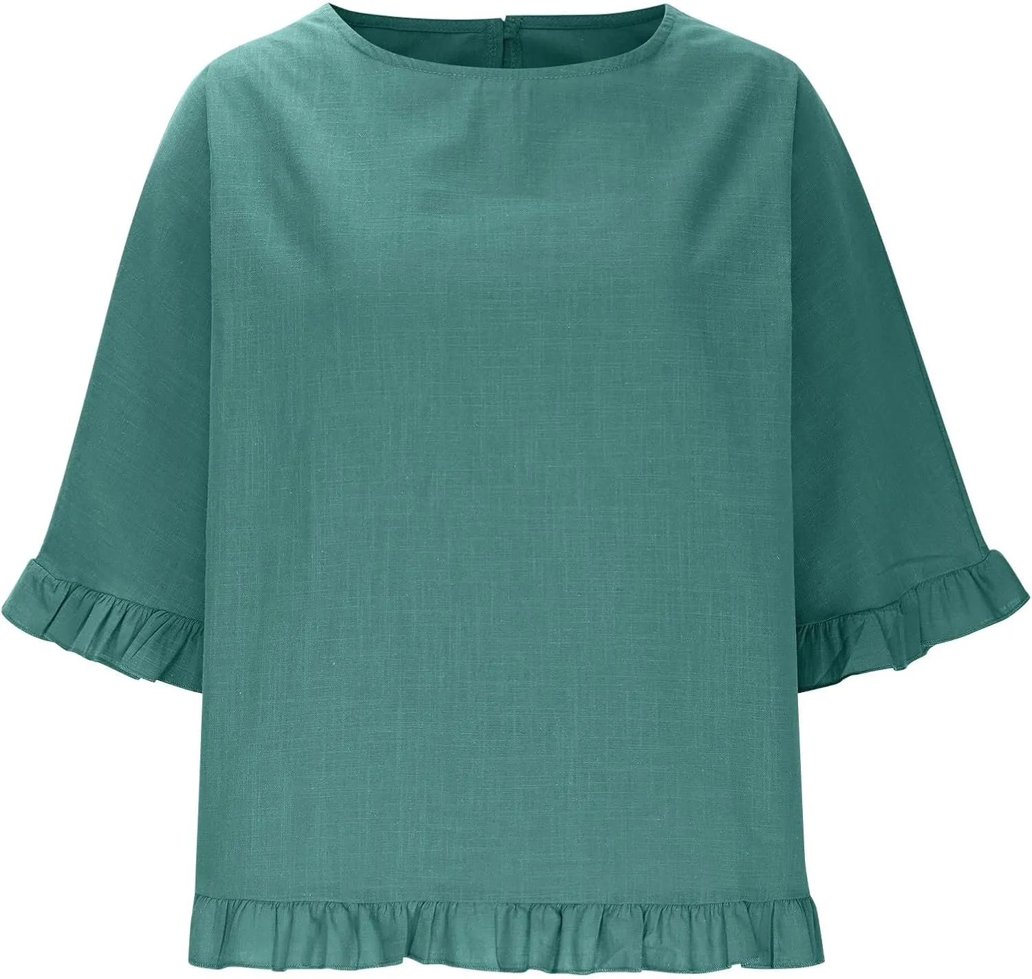 Women's Cotton Linen Blouse Ruffle Pleated Hem Tops Loose Casual Half Sleeve Round Neck Basic Tee Shirts