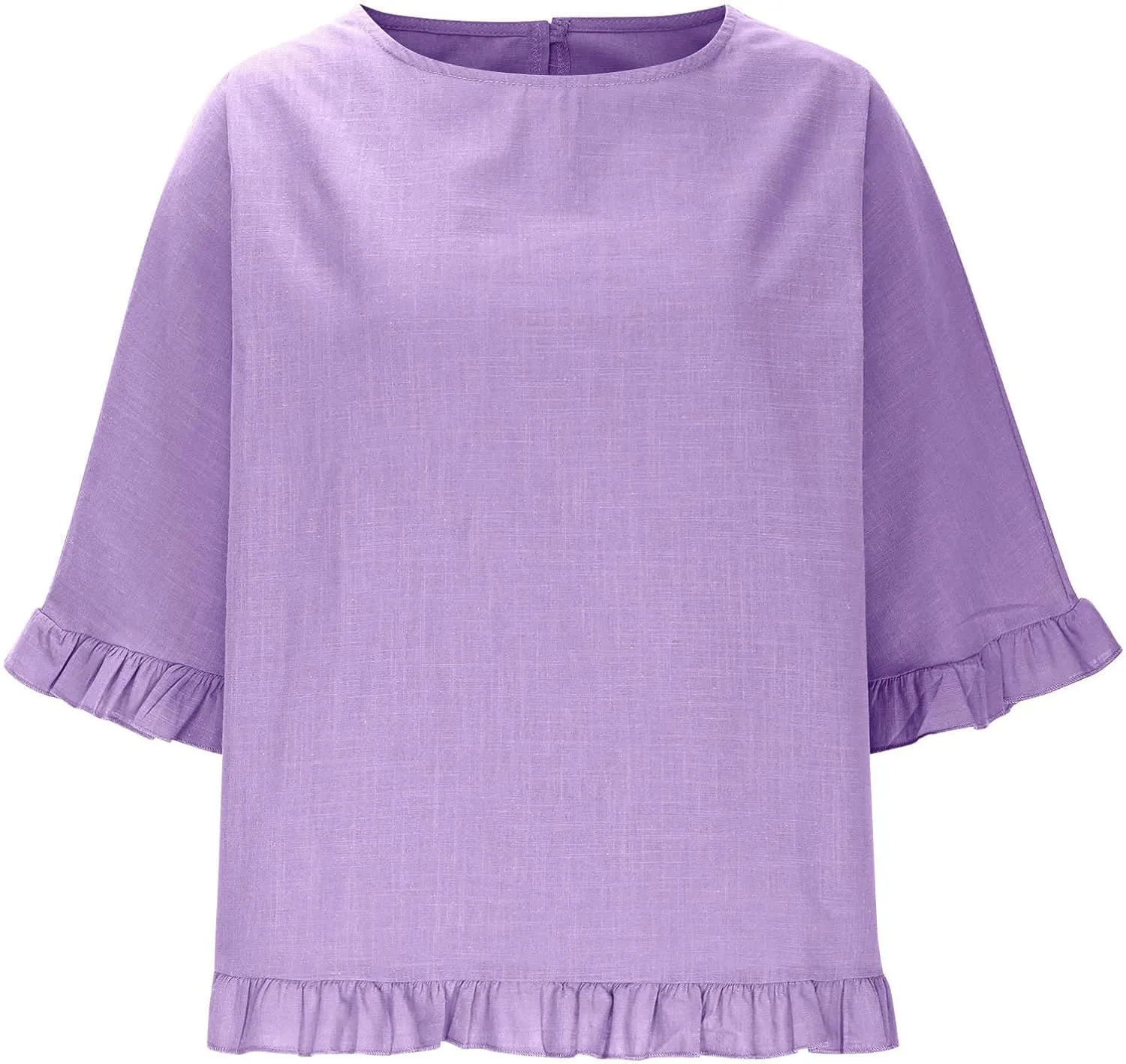 Women's Cotton Linen Blouse Ruffle Pleated Hem Tops Loose Casual Half Sleeve Round Neck Basic Tee Shirts