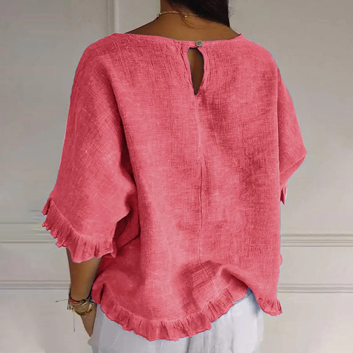 Women's Cotton Linen Blouse Ruffle Pleated Hem Tops Loose Casual Half Sleeve Round Neck Basic Tee Shirts