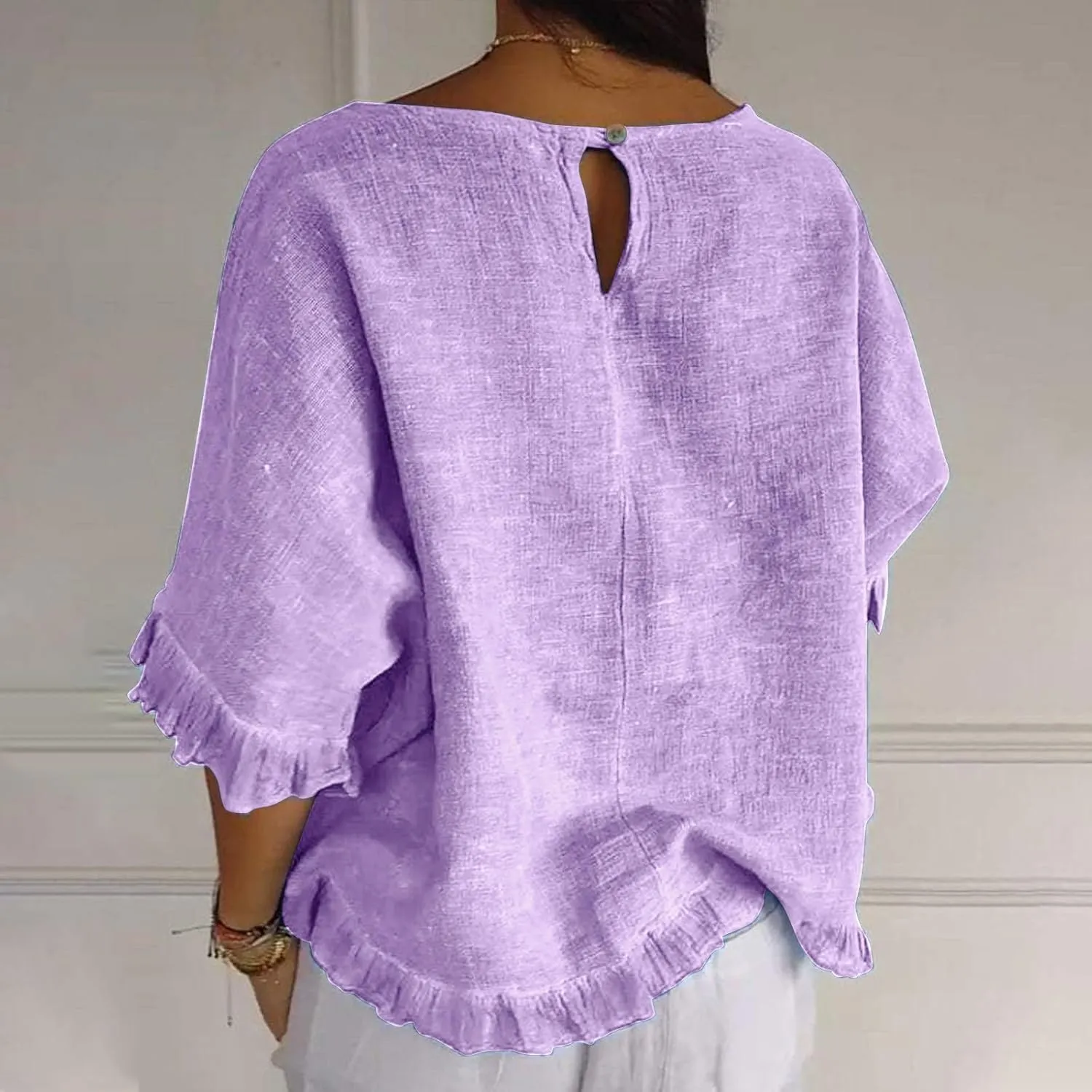 Women's Cotton Linen Blouse Ruffle Pleated Hem Tops Loose Casual Half Sleeve Round Neck Basic Tee Shirts