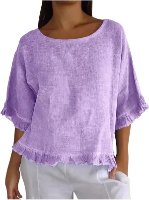 Women's Cotton Linen Blouse Ruffle Pleated Hem Tops Loose Casual Half Sleeve Round Neck Basic Tee Shirts