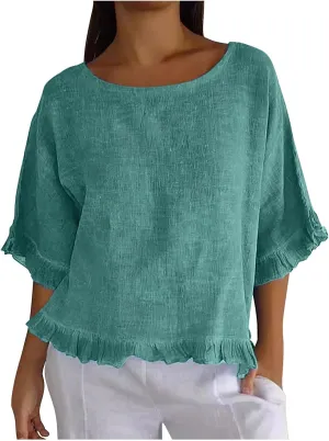 Women's Cotton Linen Blouse Ruffle Pleated Hem Tops Loose Casual Half Sleeve Round Neck Basic Tee Shirts