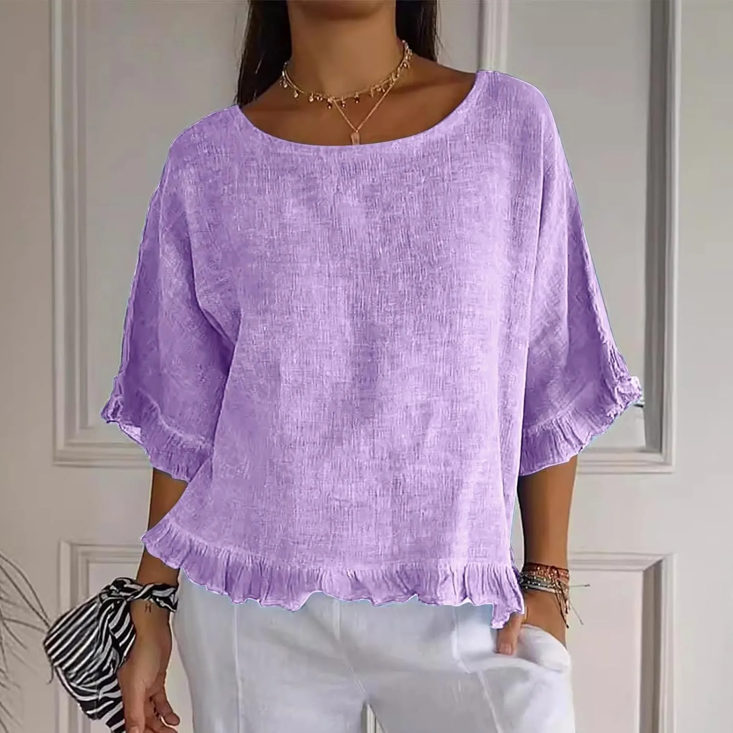 Women's Cotton Linen Blouse Ruffle Pleated Hem Tops Loose Casual Half Sleeve Round Neck Basic Tee Shirts