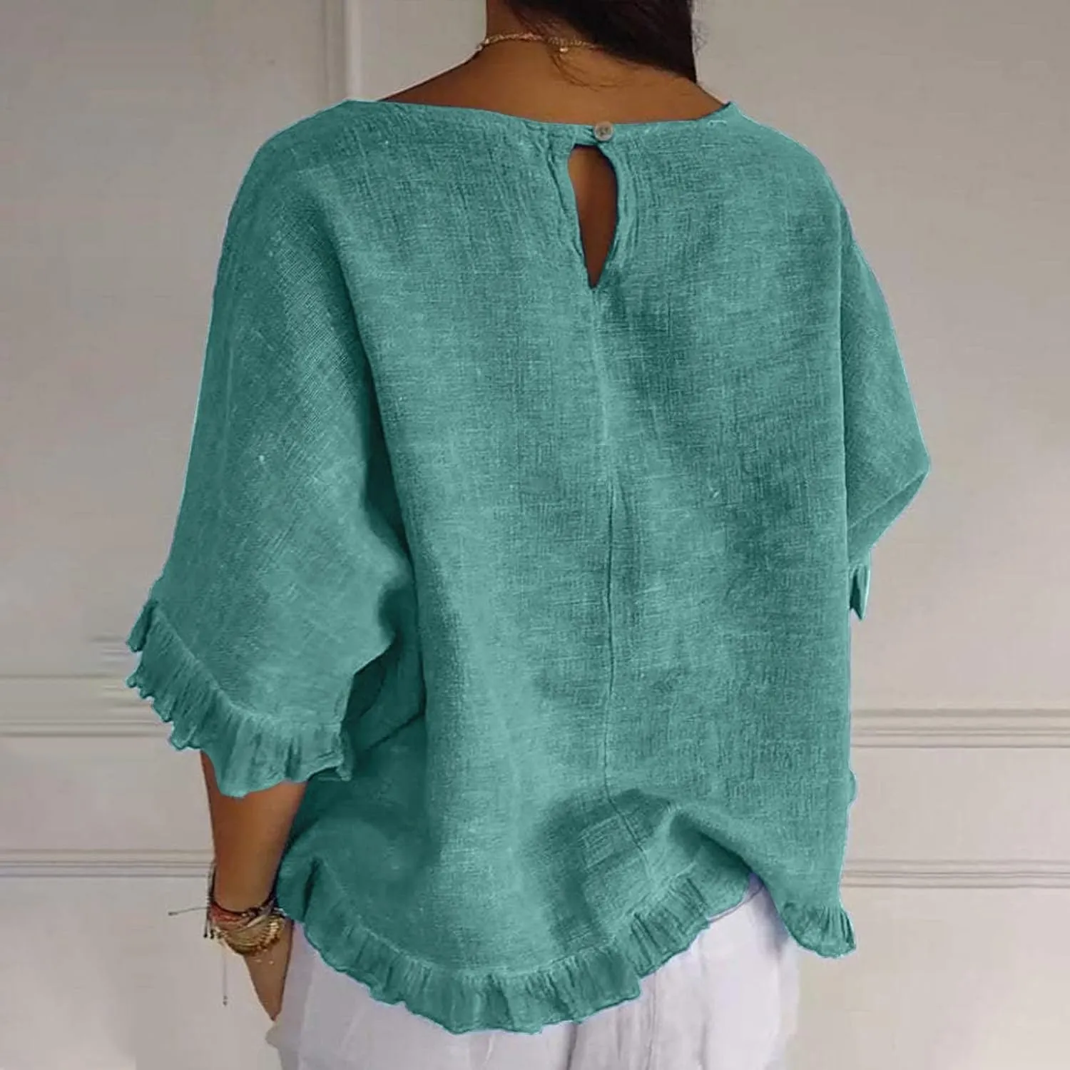 Women's Cotton Linen Blouse Ruffle Pleated Hem Tops Loose Casual Half Sleeve Round Neck Basic Tee Shirts