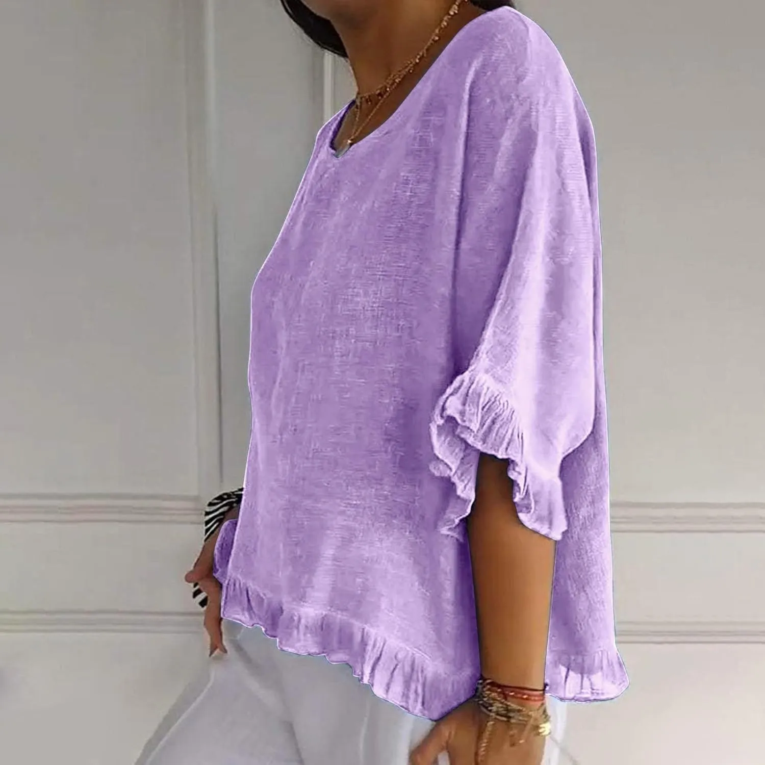 Women's Cotton Linen Blouse Ruffle Pleated Hem Tops Loose Casual Half Sleeve Round Neck Basic Tee Shirts