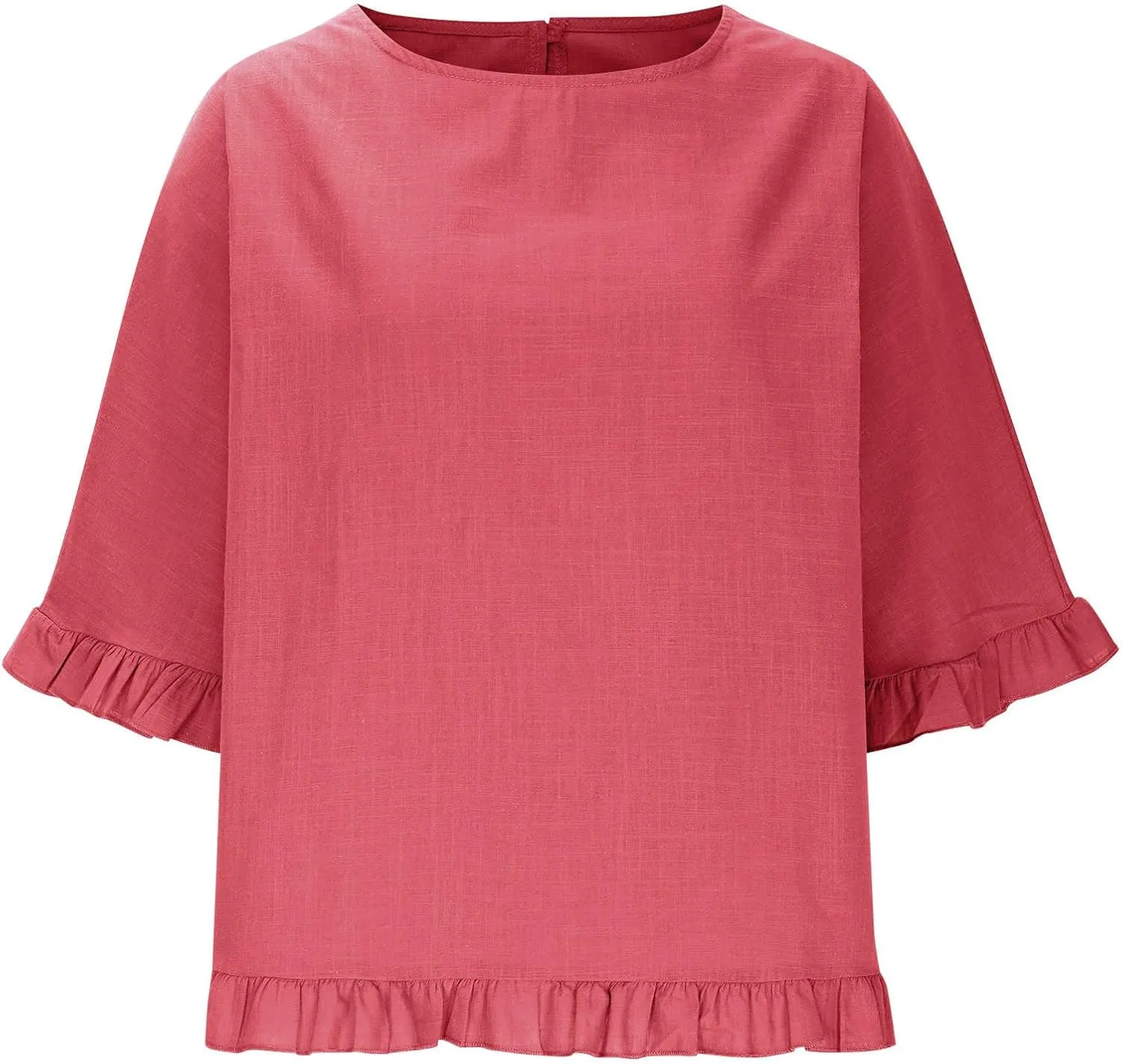 Women's Cotton Linen Blouse Ruffle Pleated Hem Tops Loose Casual Half Sleeve Round Neck Basic Tee Shirts