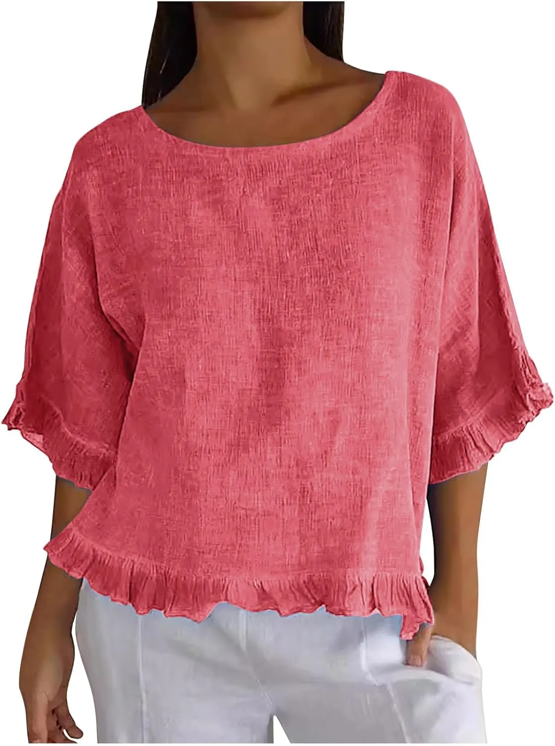 Women's Cotton Linen Blouse Ruffle Pleated Hem Tops Loose Casual Half Sleeve Round Neck Basic Tee Shirts