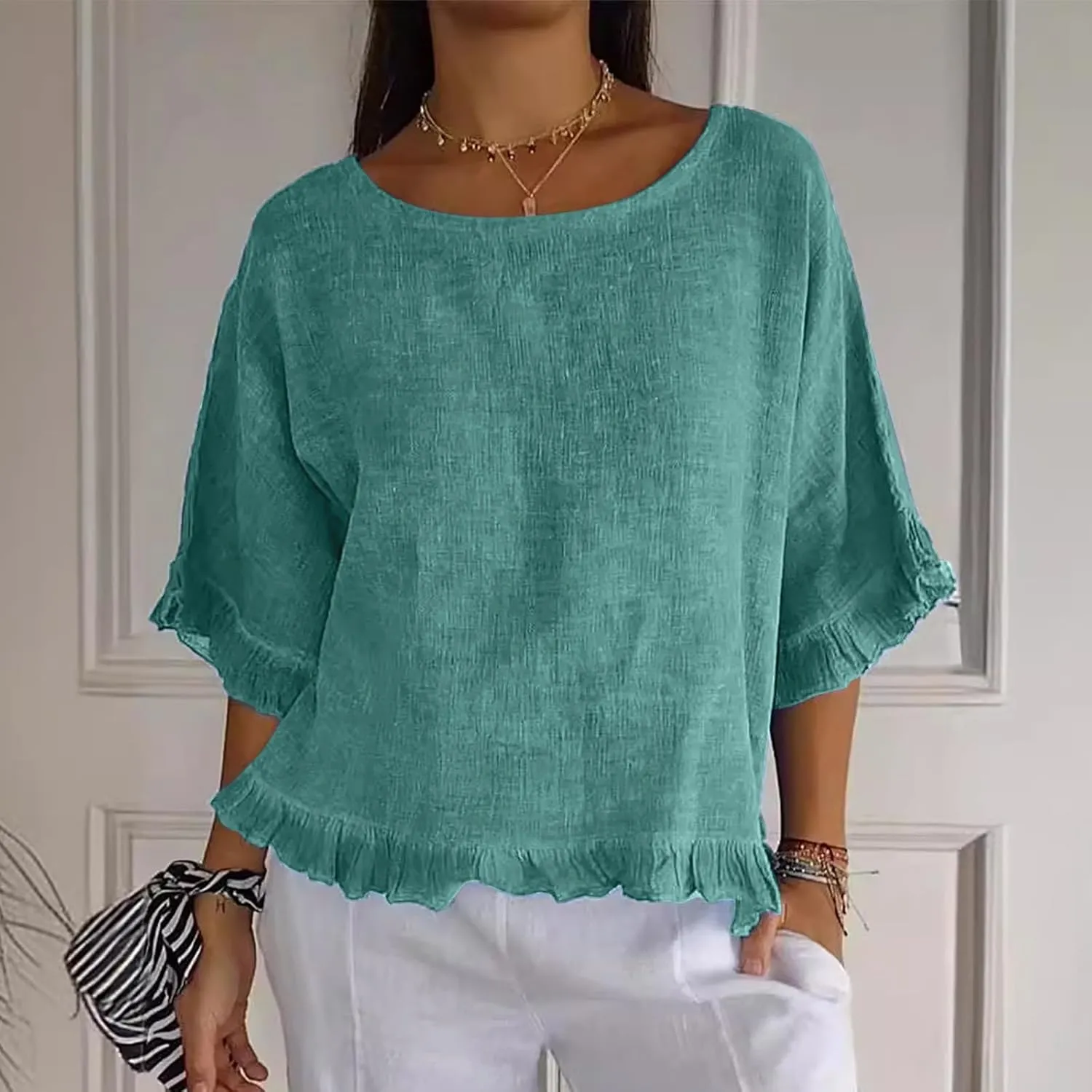 Women's Cotton Linen Blouse Ruffle Pleated Hem Tops Loose Casual Half Sleeve Round Neck Basic Tee Shirts