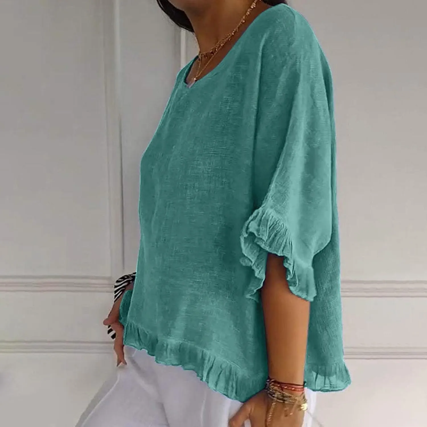 Women's Cotton Linen Blouse Ruffle Pleated Hem Tops Loose Casual Half Sleeve Round Neck Basic Tee Shirts