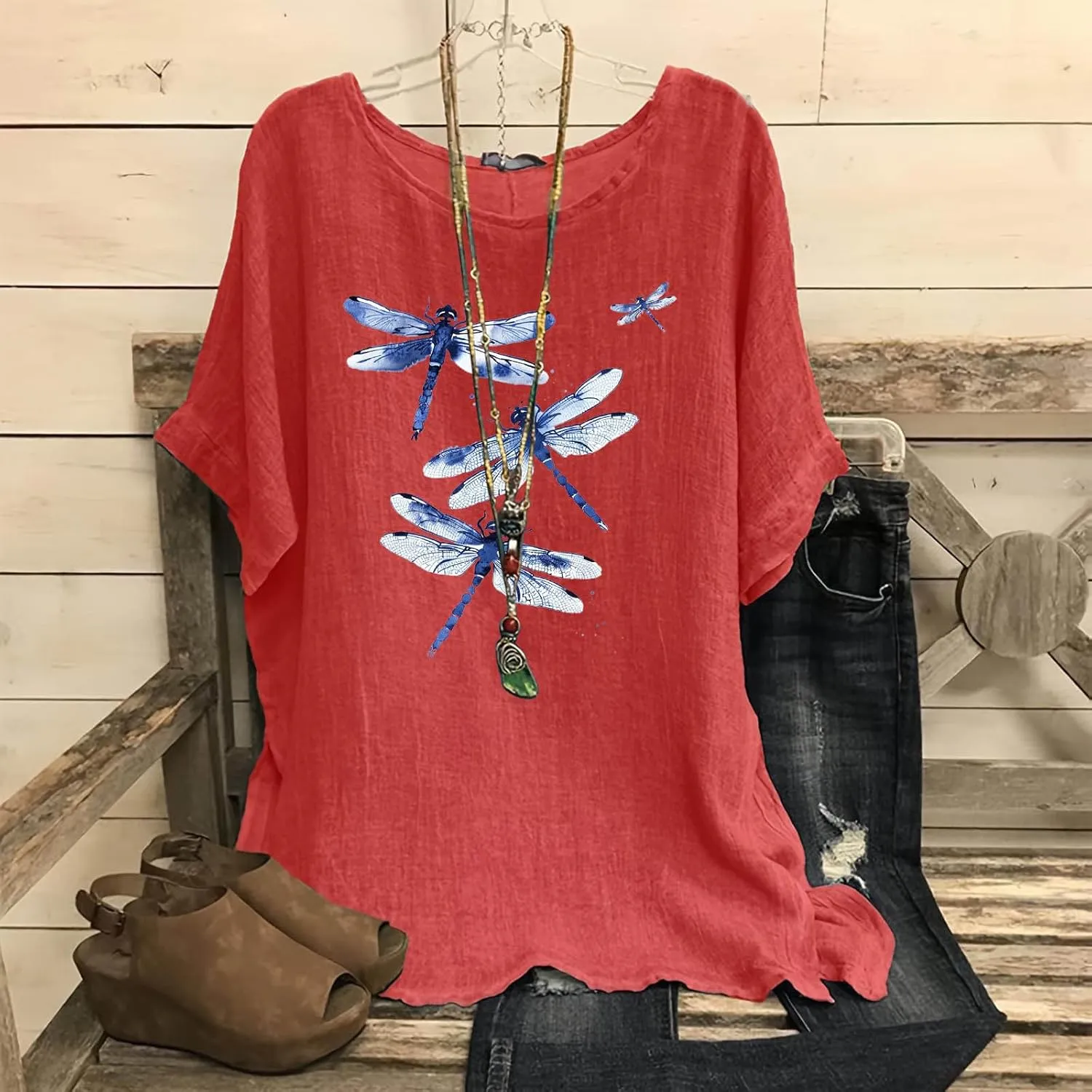 Women's Cotton Linen T-shirts Fashion Plus Size Tops Short Sleeve Crew Neck Tees Dragonfly Graphic Loose Fit Clothes