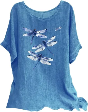 Women's Cotton Linen T-shirts Fashion Plus Size Tops Short Sleeve Crew Neck Tees Dragonfly Graphic Loose Fit Clothes