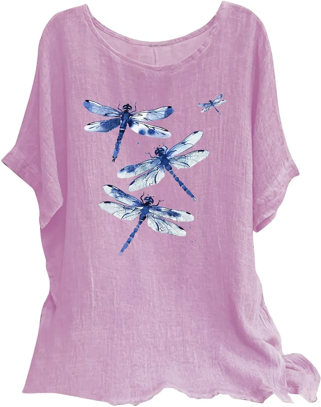 Women's Cotton Linen T-shirts Fashion Plus Size Tops Short Sleeve Crew Neck Tees Dragonfly Graphic Loose Fit Clothes
