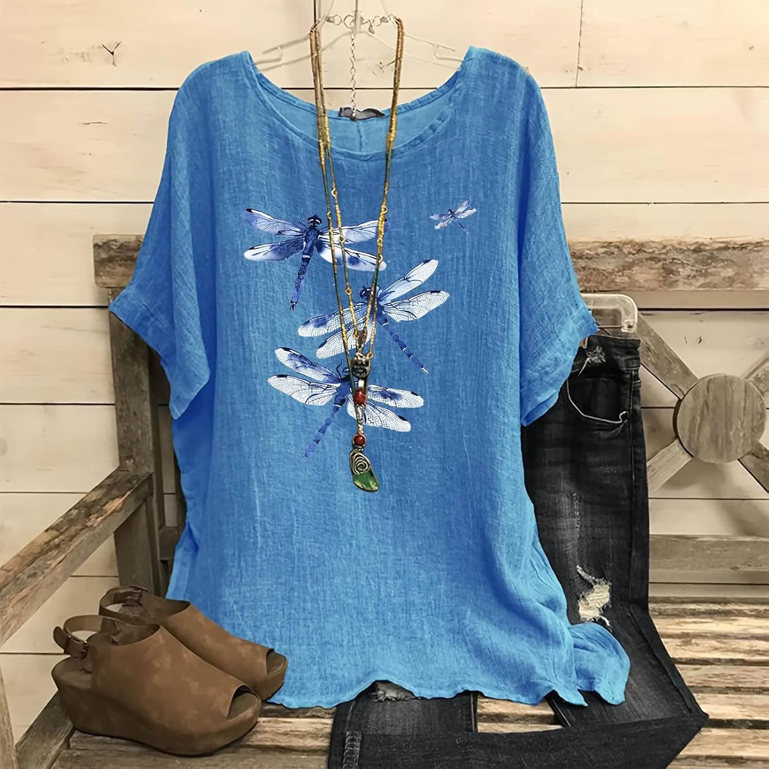 Women's Cotton Linen T-shirts Fashion Plus Size Tops Short Sleeve Crew Neck Tees Dragonfly Graphic Loose Fit Clothes
