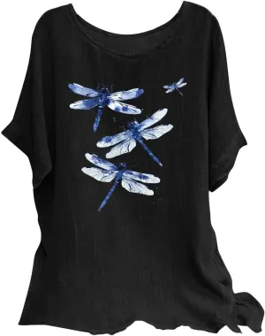 Women's Cotton Linen T-shirts Fashion Plus Size Tops Short Sleeve Crew Neck Tees Dragonfly Graphic Loose Fit Clothes