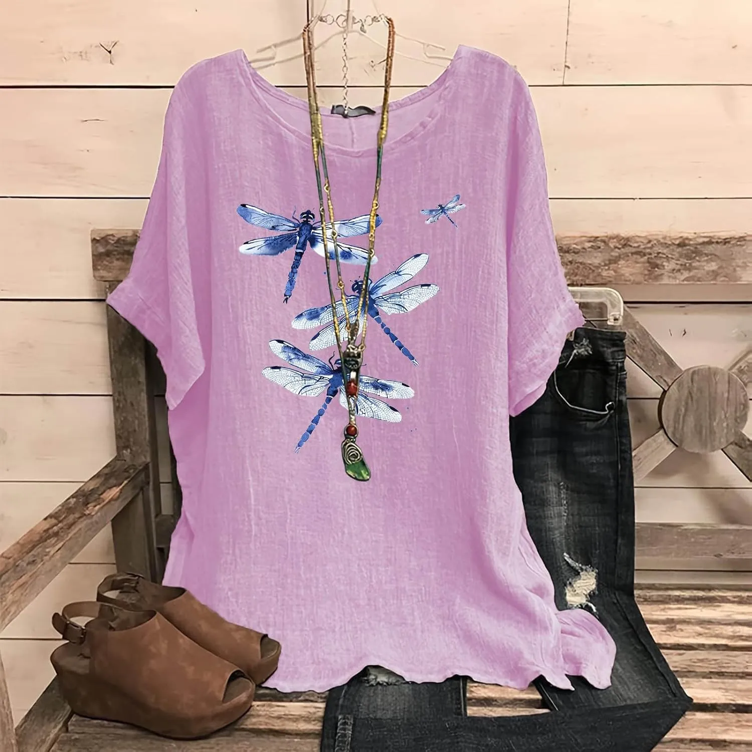 Women's Cotton Linen T-shirts Fashion Plus Size Tops Short Sleeve Crew Neck Tees Dragonfly Graphic Loose Fit Clothes
