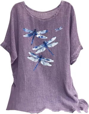 Women's Cotton Linen T-shirts Fashion Plus Size Tops Short Sleeve Crew Neck Tees Dragonfly Graphic Loose Fit Clothes