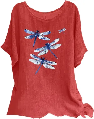 Women's Cotton Linen T-shirts Fashion Plus Size Tops Short Sleeve Crew Neck Tees Dragonfly Graphic Loose Fit Clothes