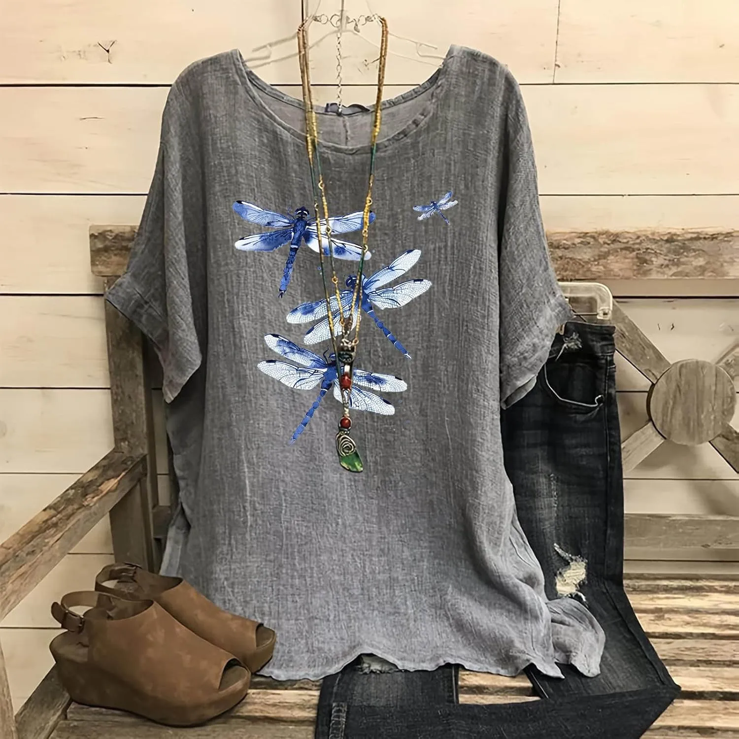 Women's Cotton Linen T-shirts Fashion Plus Size Tops Short Sleeve Crew Neck Tees Dragonfly Graphic Loose Fit Clothes