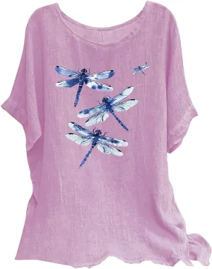 Women's Cotton Linen T-shirts Fashion Plus Size Tops Short Sleeve Crew Neck Tees Dragonfly Graphic Loose Fit Clothes