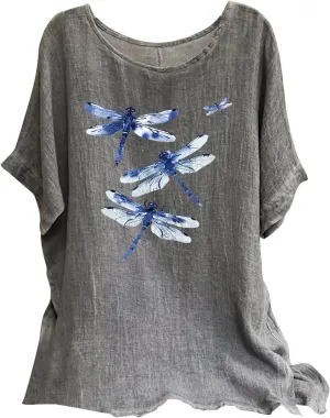 Women's Cotton Linen T-shirts Fashion Plus Size Tops Short Sleeve Crew Neck Tees Dragonfly Graphic Loose Fit Clothes