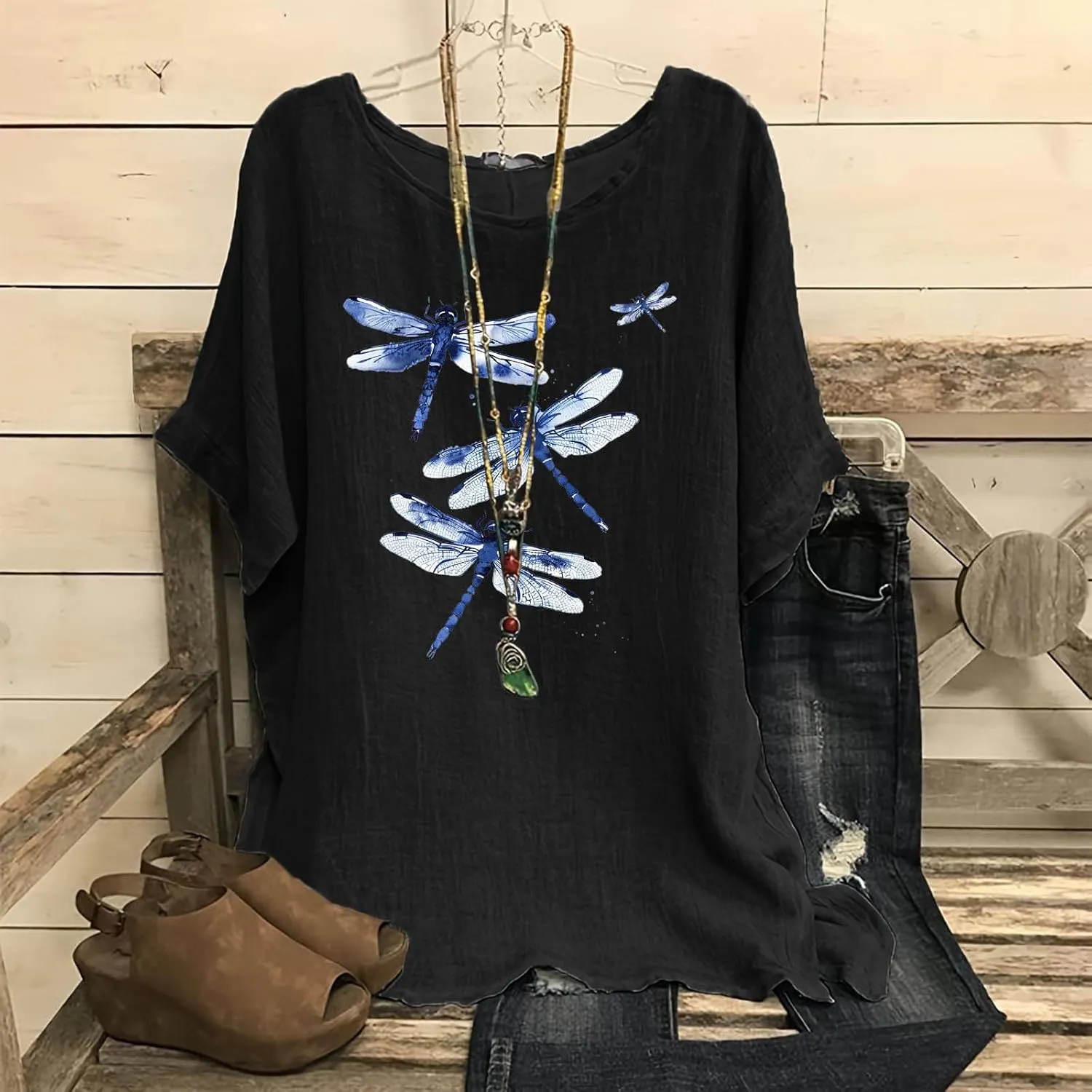 Women's Cotton Linen T-shirts Fashion Plus Size Tops Short Sleeve Crew Neck Tees Dragonfly Graphic Loose Fit Clothes