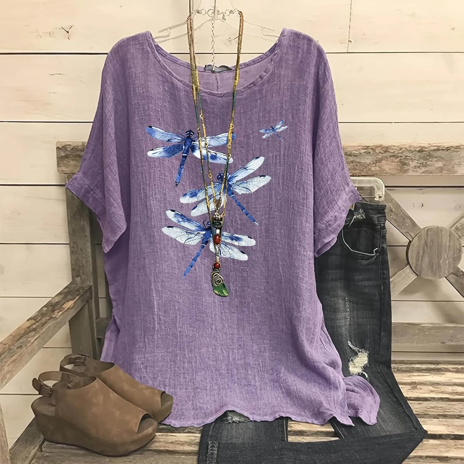 Women's Cotton Linen T-shirts Fashion Plus Size Tops Short Sleeve Crew Neck Tees Dragonfly Graphic Loose Fit Clothes