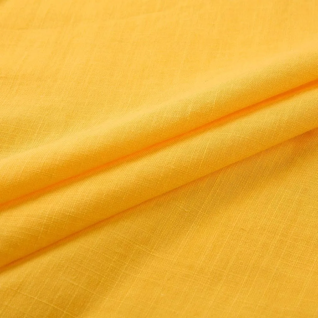 Women's Cotton Linen Tops Ladies Summer Fashion Crop Sleeves Loose T-shirts Crew Neck Tees Blouse Pullover Shirts Yellow