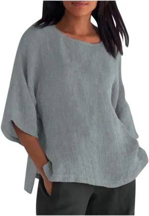 Women's Cotton Linen Tops Ladies Summer Fashion Crop Sleeves Loose T-shirts Crew Neck Tees Blouse Pullover Shirts Yellow
