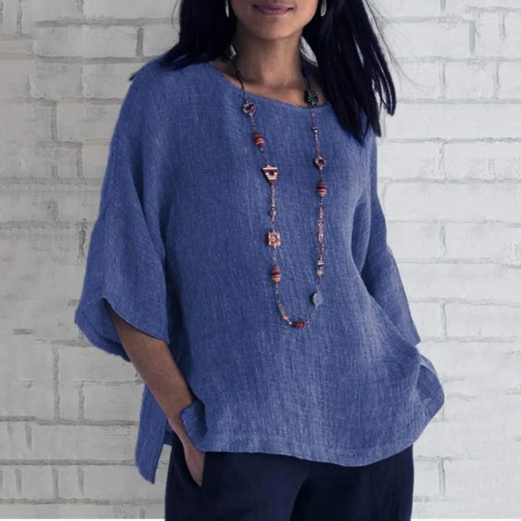 Women's Cotton Linen Tops Ladies Summer Fashion Crop Sleeves Loose T-shirts Crew Neck Tees Blouse Pullover Shirts Yellow
